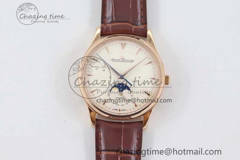 Master Ultra Thin Moon 1362520 RG Q8F 1:1 Best Edition White Dial on Brown Leather Strap A925