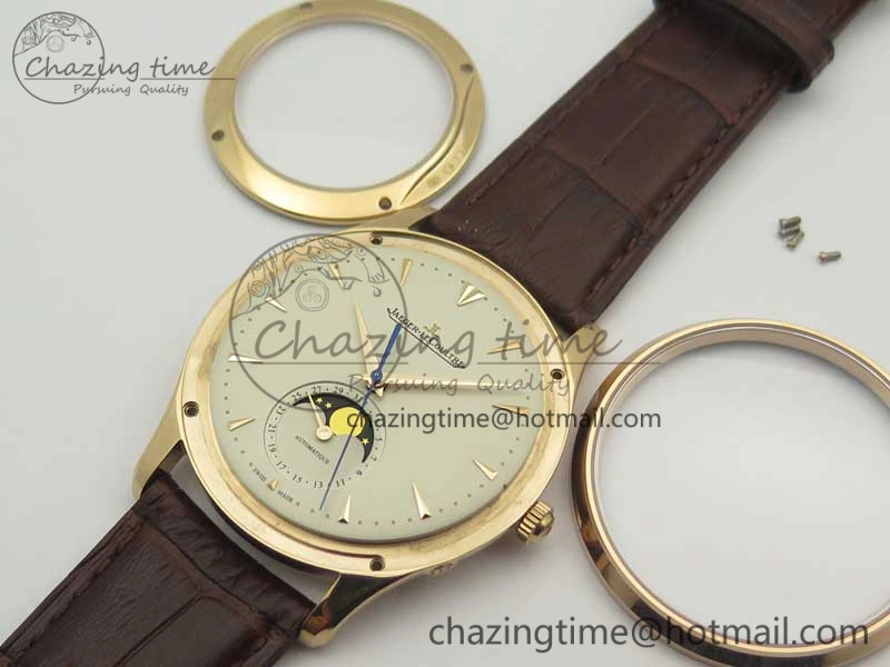 Master Ultra Thin Moon 1362520 RG ZF 1:1 Best Edition White Dial on Brown Leather Strap A925