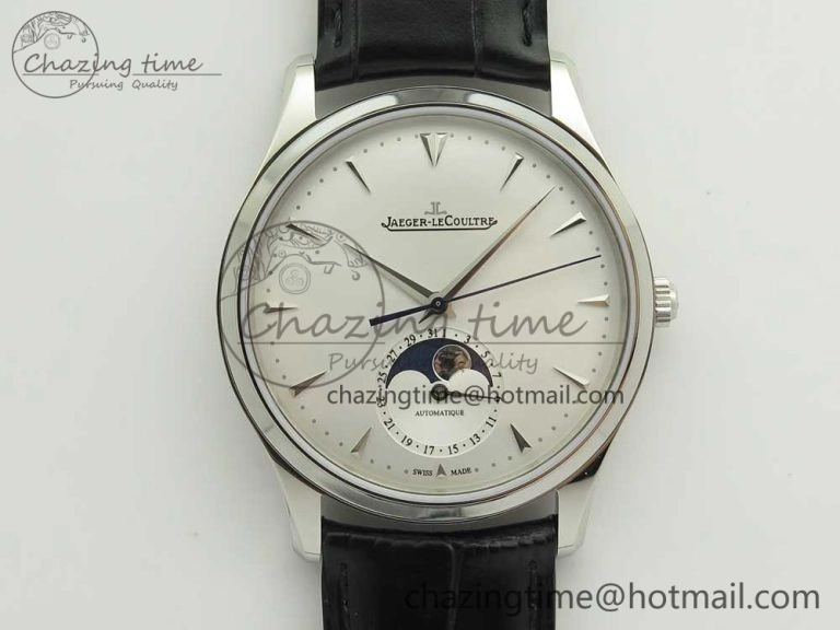 Master Ultra Thin Moon 1368420 SS GF 1:1 Best Edition White Dial on Black Leather Strap A925