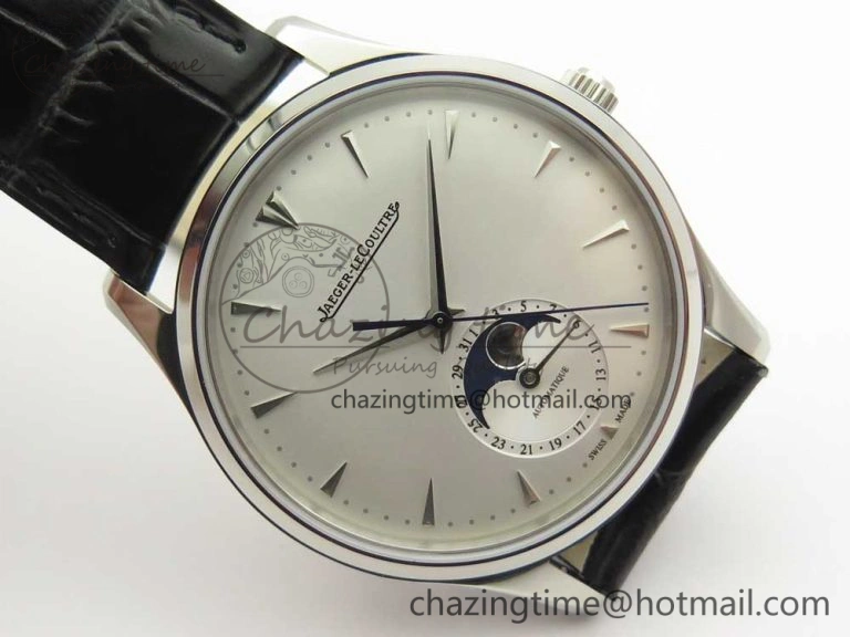 Master Ultra Thin Moon 1368420 SS GF 1:1 Best Edition White Dial on Black Leather Strap A925
