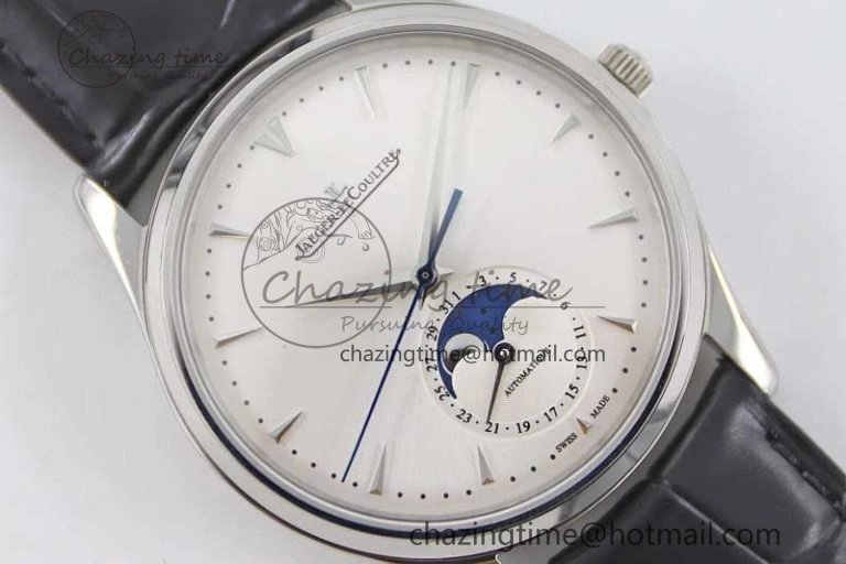 Master Ultra Thin Moon 1368420 SS Q8F 1:1 Best Edition White Dial on Black Leather Strap A925