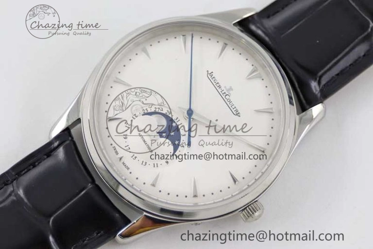 Master Ultra Thin Moon 1368420 SS Q8F 1:1 Best Edition White Dial on Black Leather Strap A925