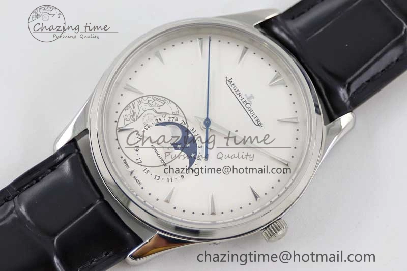 Master Ultra Thin Moon 1368420 SS Q8F 1:1 Best Edition White Dial on Black Leather Strap A925