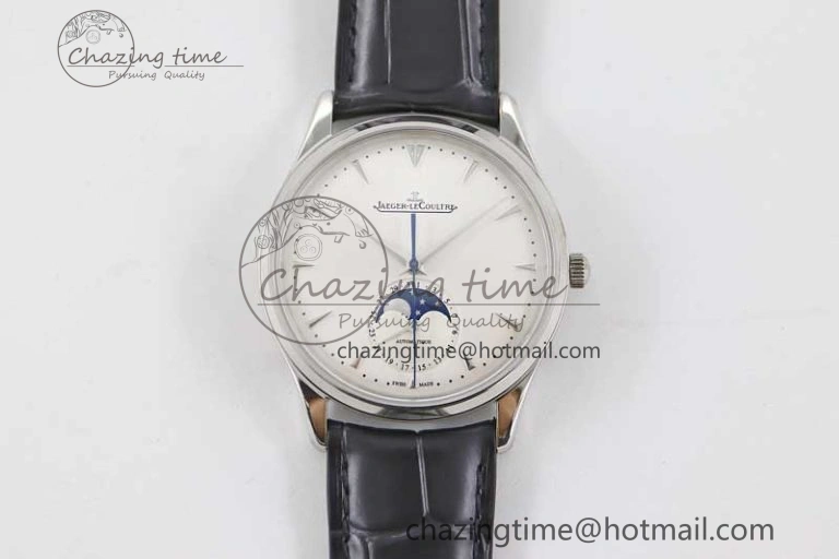 Master Ultra Thin Moon 1368420 SS Q8F 1:1 Best Edition White Dial on Black Leather Strap A925