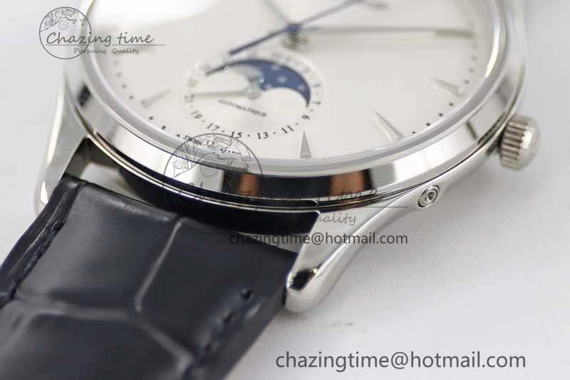 Master Ultra Thin Moon 1368420 SS Q8F 1:1 Best Edition White Dial on Black Leather Strap A925