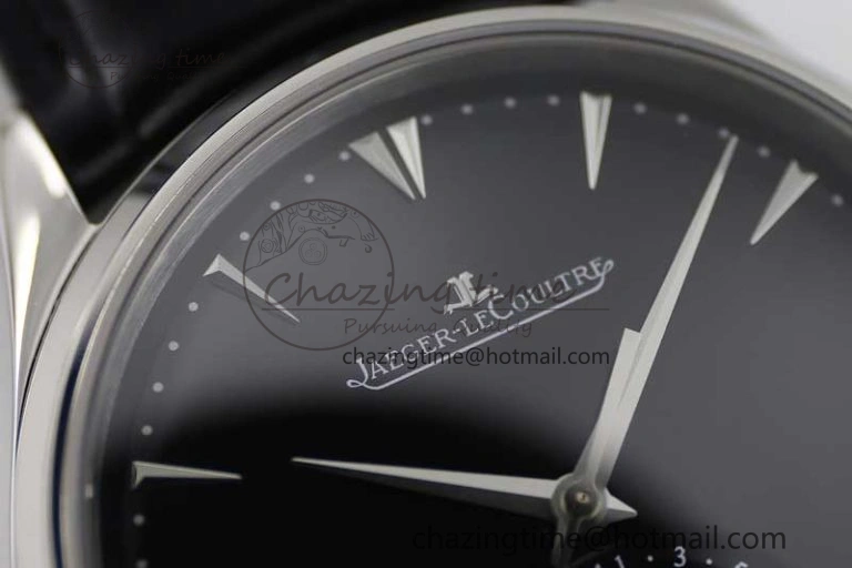 Master Ultra Thin Moon 1368470 SS Q8F 1:1 Best Edition Black Dial on Black Leather Strap A925