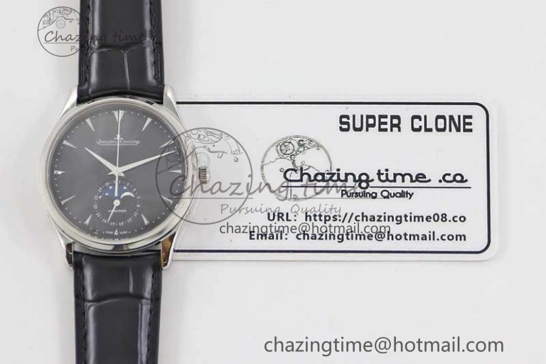 Master Ultra Thin Moon 1368470 SS Q8F 1:1 Best Edition Black Dial on Black Leather Strap A925