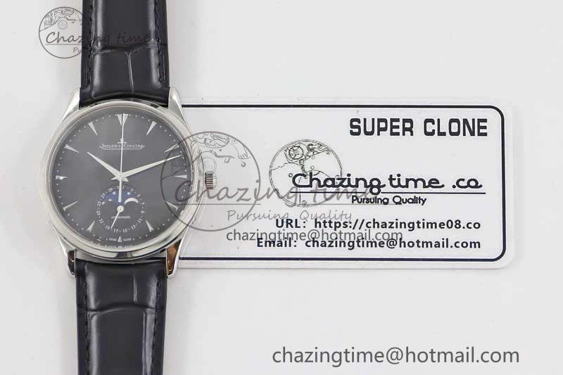Master Ultra Thin Moon 1368470 SS Q8F 1:1 Best Edition Black Dial on Black Leather Strap A925