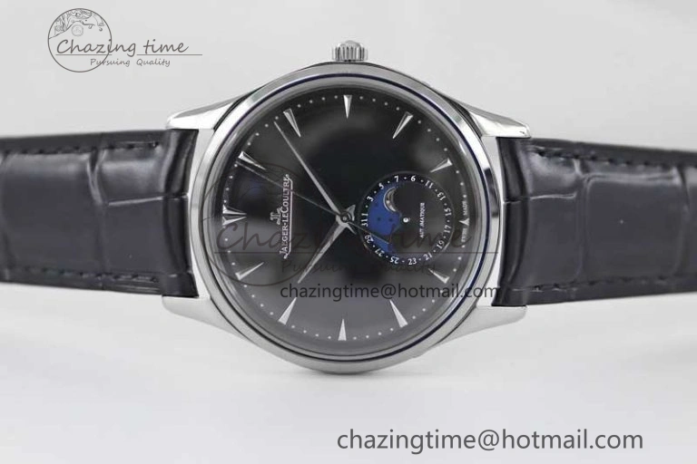 Master Ultra Thin Moon 1368470 SS Q8F 1:1 Best Edition Black Dial on Black Leather Strap A925
