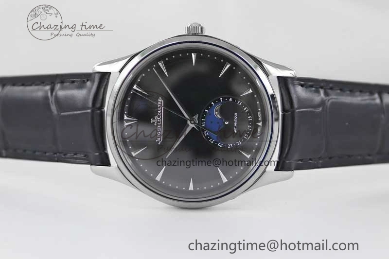 Master Ultra Thin Moon 1368470 SS Q8F 1:1 Best Edition Black Dial on Black Leather Strap A925