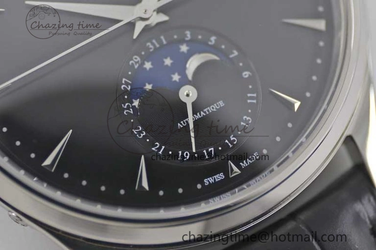 Master Ultra Thin Moon 1368470 SS Q8F 1:1 Best Edition Black Dial on Black Leather Strap A925