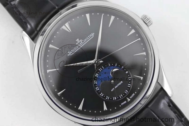 Master Ultra Thin Moon 1368470 SS Q8F 1:1 Best Edition Black Dial on Black Leather Strap A925