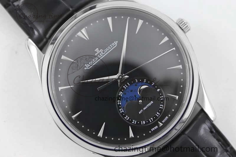 Master Ultra Thin Moon 1368470 SS Q8F 1:1 Best Edition Black Dial on Black Leather Strap A925
