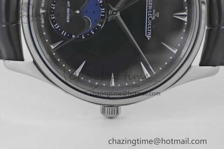Master Ultra Thin Moon 1368470 SS Q8F 1:1 Best Edition Black Dial on Black Leather Strap A925