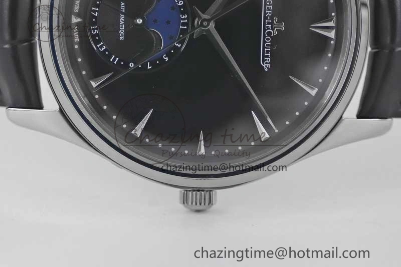 Master Ultra Thin Moon 1368470 SS Q8F 1:1 Best Edition Black Dial on Black Leather Strap A925