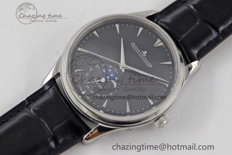 Master Ultra Thin Moon 1368470 SS Q8F 1:1 Best Edition Black Dial on Black Leather Strap A925