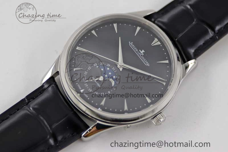 Master Ultra Thin Moon 1368470 SS Q8F 1:1 Best Edition Black Dial on Black Leather Strap A925
