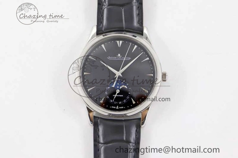 Master Ultra Thin Moon 1368470 SS Q8F 1:1 Best Edition Black Dial on Black Leather Strap A925