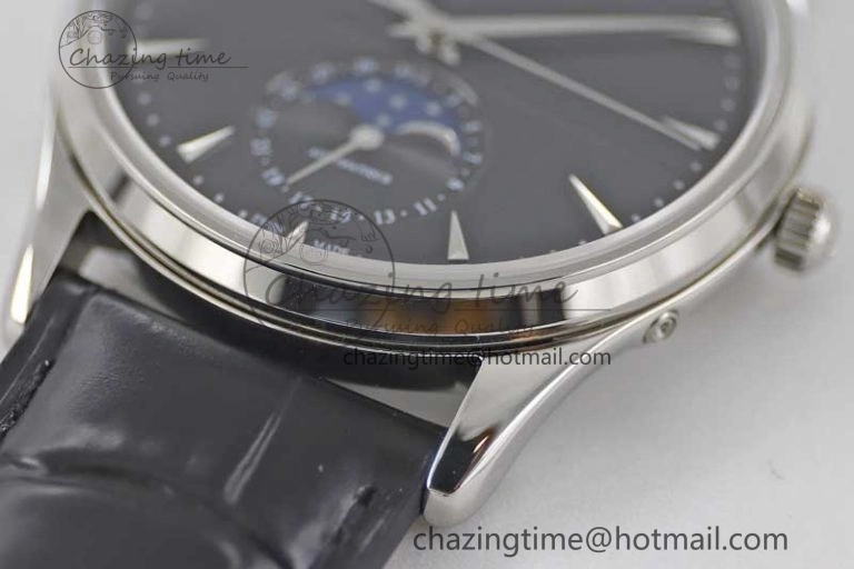 Master Ultra Thin Moon 1368470 SS Q8F 1:1 Best Edition Black Dial on Black Leather Strap A925