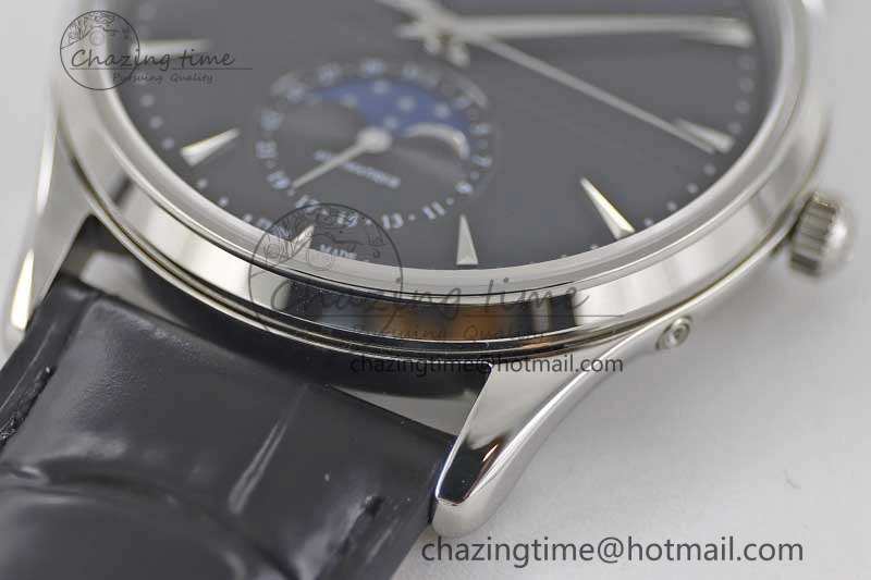 Master Ultra Thin Moon 1368470 SS Q8F 1:1 Best Edition Black Dial on Black Leather Strap A925