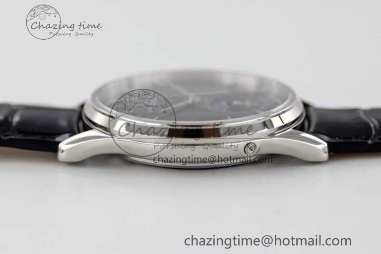 Master Ultra Thin Moon 1368470 SS Q8F 1:1 Best Edition Black Dial on Black Leather Strap A925