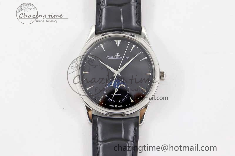 Master Ultra Thin Moon 1368470 SS Q8F 1:1 Best Edition Black Dial on Black Leather Strap A925