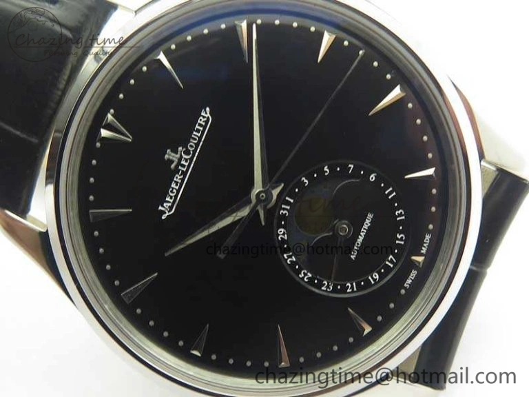 Master Ultra Thin Moon 1368470 SS ZF 1:1 Best Edition Black Dial On Black Leather Strap A925