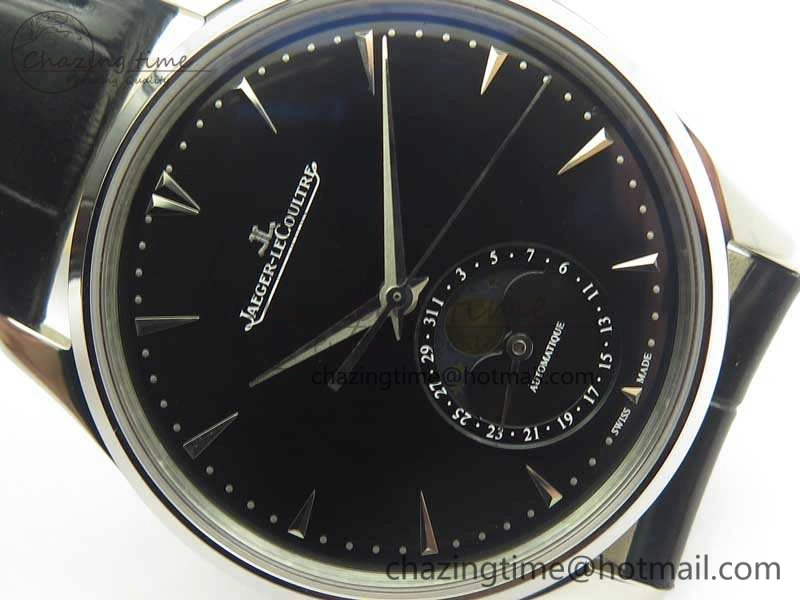 Master Ultra Thin Moon 1368470 SS ZF 1:1 Best Edition Black Dial On Black Leather Strap A925