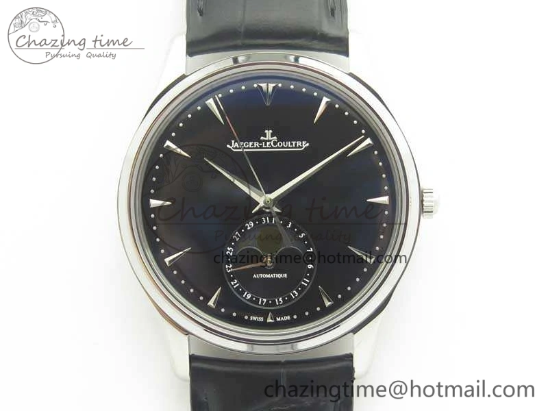 Master Ultra Thin Moon 1368470 SS ZF 1:1 Best Edition Black Dial On Black Leather Strap A925