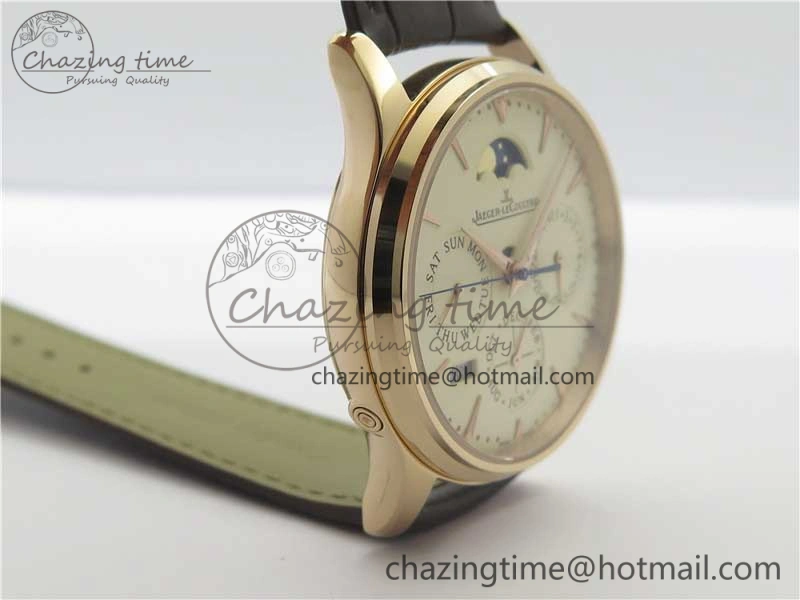 Master Ultra Thin Perpetual Calendar RG V9F 1:1 Best Edition White Dial on Brown Leather Strap A868