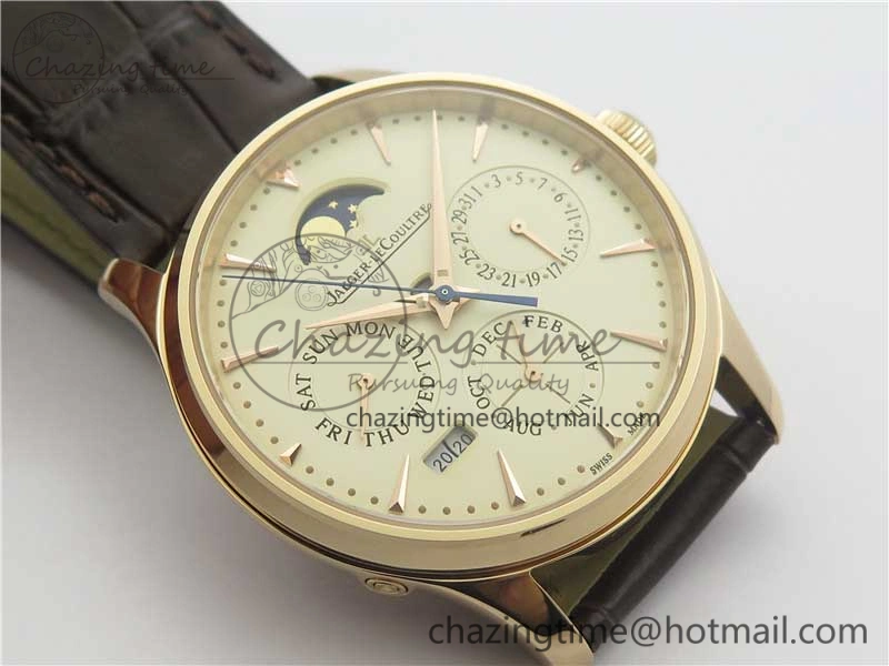 Master Ultra Thin Perpetual Calendar RG V9F 1:1 Best Edition White Dial on Brown Leather Strap A868