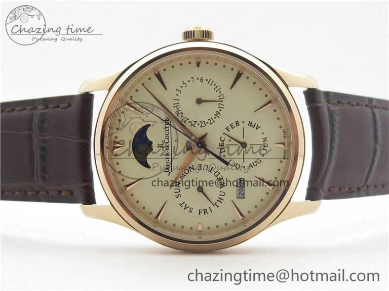 Master Ultra Thin Perpetual Calendar RG V9F 1:1 Best Edition White Dial on Brown Leather Strap A868