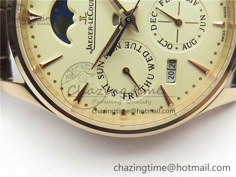 Master Ultra Thin Perpetual Calendar RG V9F 1:1 Best Edition White Dial on Brown Leather Strap A868