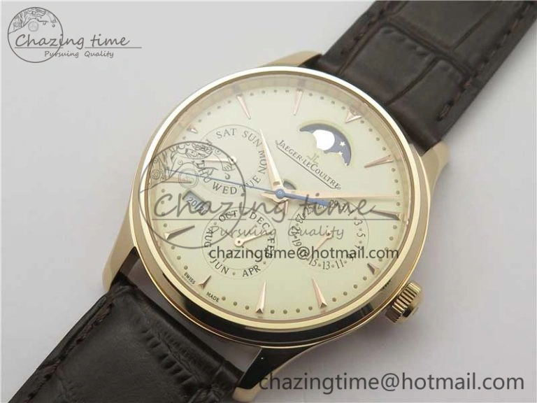 Master Ultra Thin Perpetual Calendar RG V9F 1:1 Best Edition White Dial on Brown Leather Strap A868