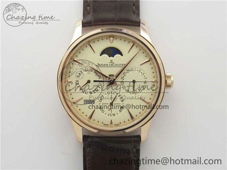 Master Ultra Thin Perpetual Calendar RG V9F 1:1 Best Edition White Dial on Brown Leather Strap A868