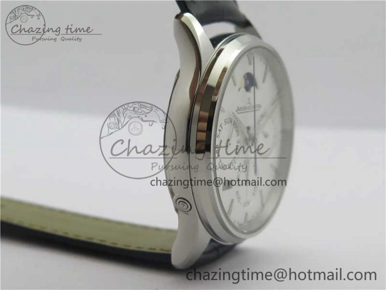 Master Ultra Thin Perpetual Calendar SS V9F 1:1 Best Edition White Dial on Black Leather Strap A868