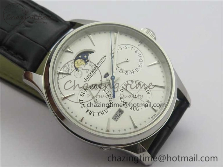 Master Ultra Thin Perpetual Calendar SS V9F 1:1 Best Edition White Dial on Black Leather Strap A868