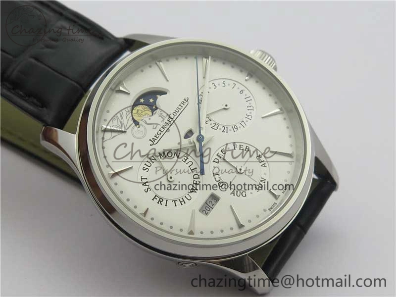 Master Ultra Thin Perpetual Calendar SS V9F 1:1 Best Edition White Dial on Black Leather Strap A868