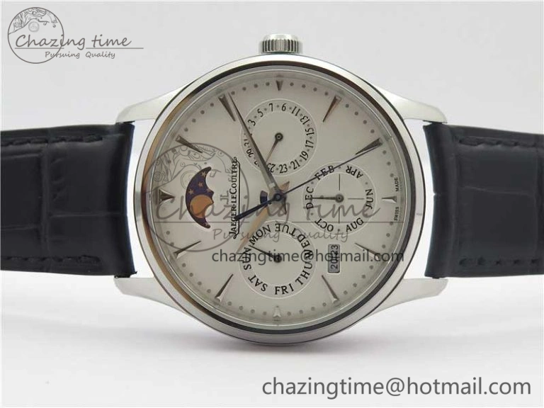 Master Ultra Thin Perpetual Calendar SS V9F 1:1 Best Edition White Dial on Black Leather Strap A868