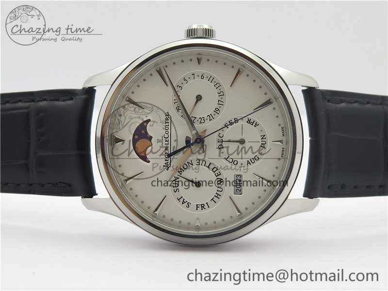 Master Ultra Thin Perpetual Calendar SS V9F 1:1 Best Edition White Dial on Black Leather Strap A868