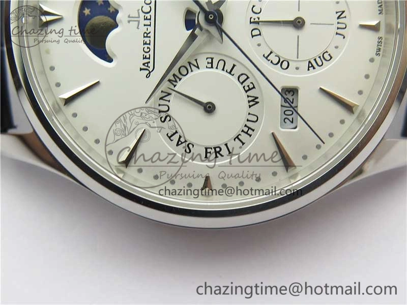 Master Ultra Thin Perpetual Calendar SS V9F 1:1 Best Edition White Dial on Black Leather Strap A868