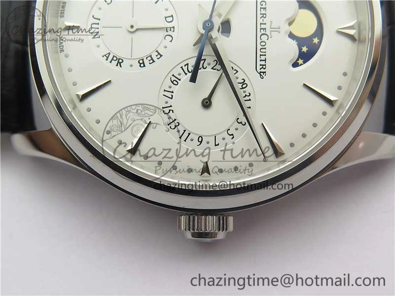 Master Ultra Thin Perpetual Calendar SS V9F 1:1 Best Edition White Dial on Black Leather Strap A868