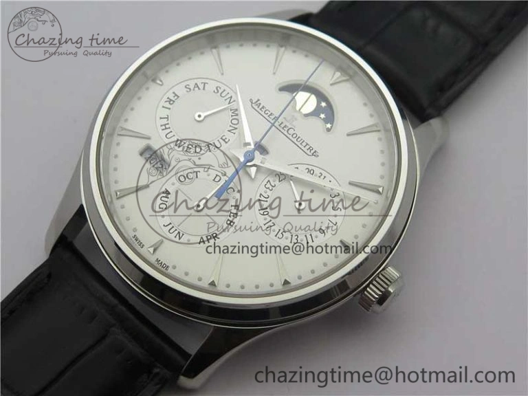 Master Ultra Thin Perpetual Calendar SS V9F 1:1 Best Edition White Dial on Black Leather Strap A868