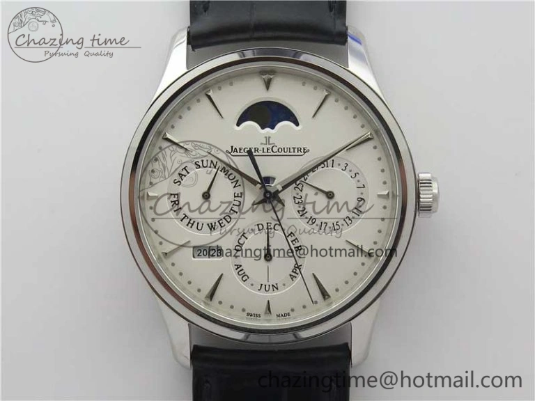 Master Ultra Thin Perpetual Calendar SS V9F 1:1 Best Edition White Dial on Black Leather Strap A868