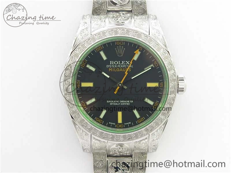 Milgauss 116400 904L Engraved SS DJF 11 Best Edition Black Dial on 904L Engraved SS Bracelet A2836 (Real Green Sapphire Crystal)