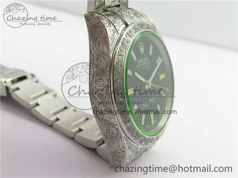 Milgauss 116400 904L Engraved SS DJF 11 Best Edition Black Dial on 904L Engraved SS Bracelet A2836 (Real Green Sapphire Crystal)