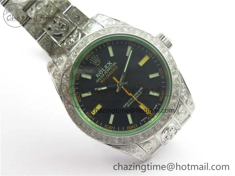 Milgauss 116400 904L Engraved SS DJF 11 Best Edition Black Dial on 904L Engraved SS Bracelet A2836 (Real Green Sapphire Crystal)