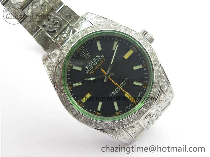 Milgauss 116400 904L Engraved SS DJF 11 Best Edition Black Dial on 904L Engraved SS Bracelet A2836 (Real Green Sapphire Crystal)