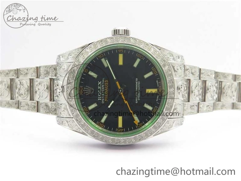 Milgauss 116400 904L Engraved SS DJF 11 Best Edition Black Dial on 904L Engraved SS Bracelet A2836 (Real Green Sapphire Crystal)
