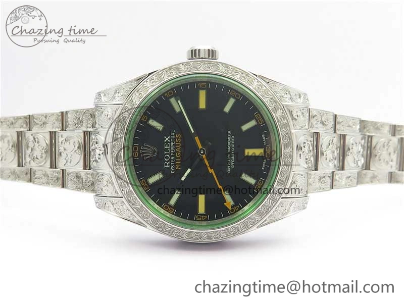 Milgauss 116400 904L Engraved SS DJF 11 Best Edition Black Dial on 904L Engraved SS Bracelet A2836 (Real Green Sapphire Crystal)
